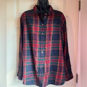 American Eagle Boyfriend Red and Green Plaid Flannel Button-Up Shirt